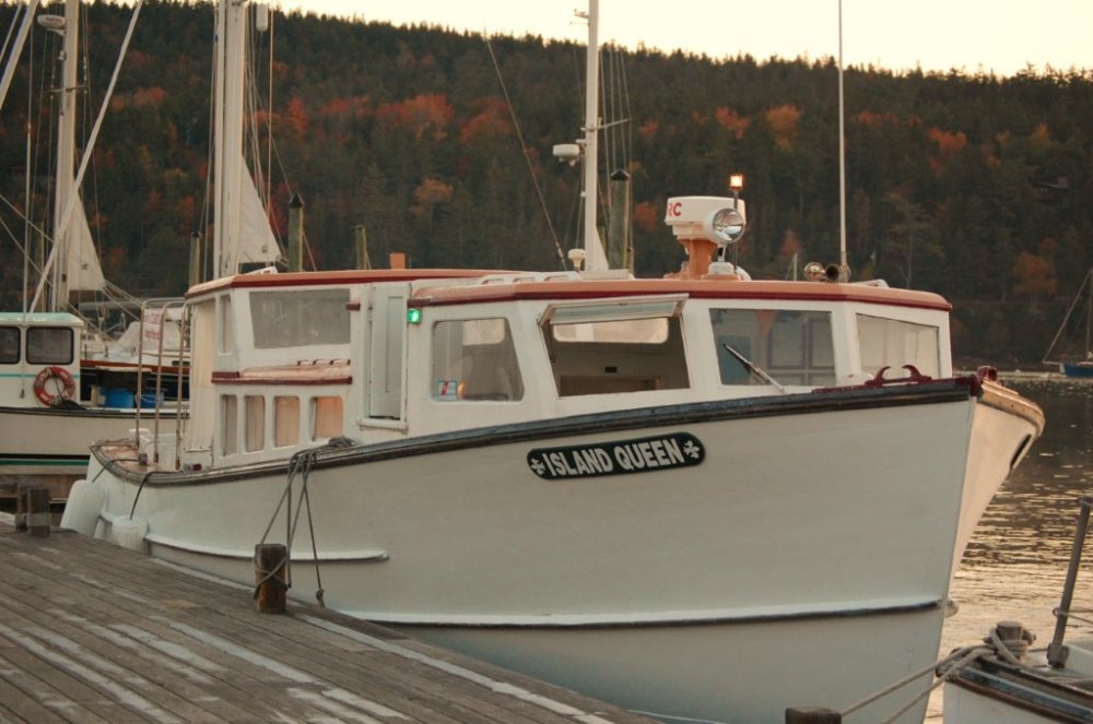 White boat named 'Island Queen' docked near a forested shoreline.
